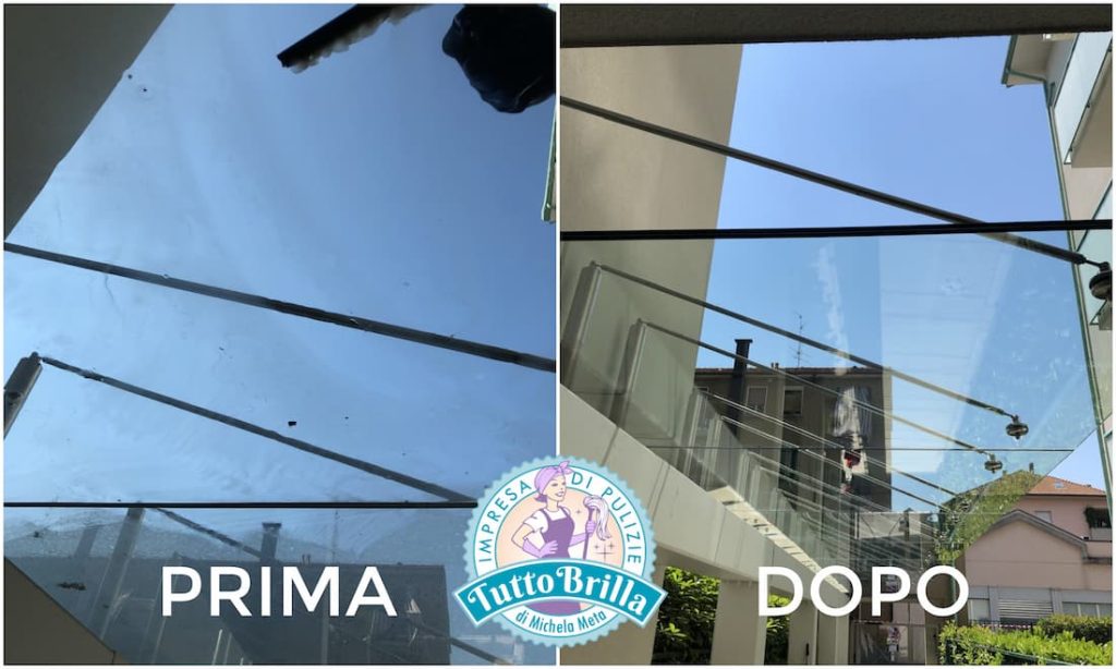 Lavaggio tettoia condominiale in vetro: prima e dopo