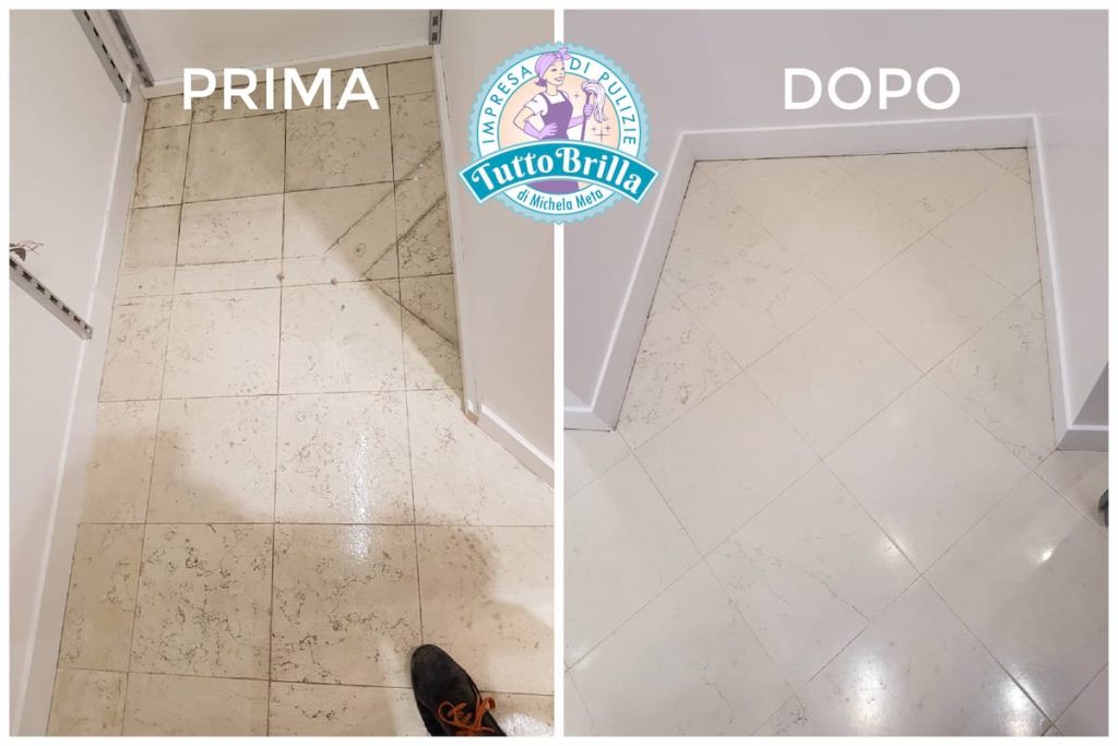 Intervento di pulizia in negozio dopo lavoro edili: lavaggio dei pavimenti, prima e dopo