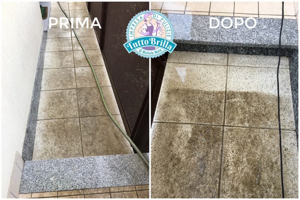 Pulizia professionale dei pavimenti di un terrazzo: prima e dopo l'intervento dell'impresa Tutto Brilla